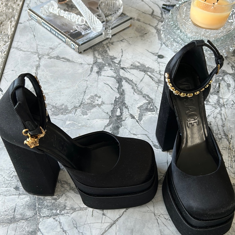 Versace silk platform pumps hanging Medusa crystal embellished ankle strap black